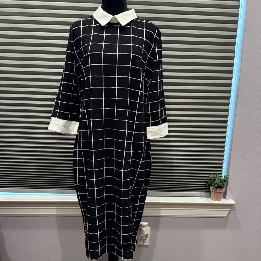 SHEIN Black and White Grid Long Sleeve Dress